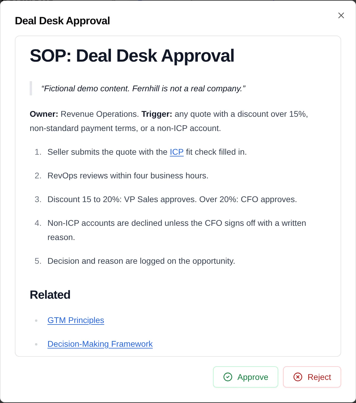 Approving a change to a deal desk policy in ContextNest, with Approve and Reject buttons
