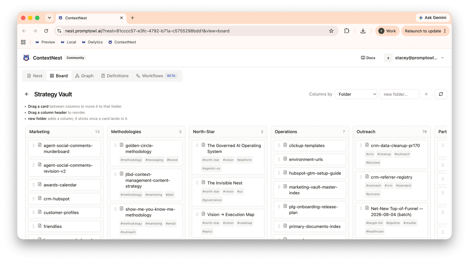 A Community Nest board view showing documents organized into columns